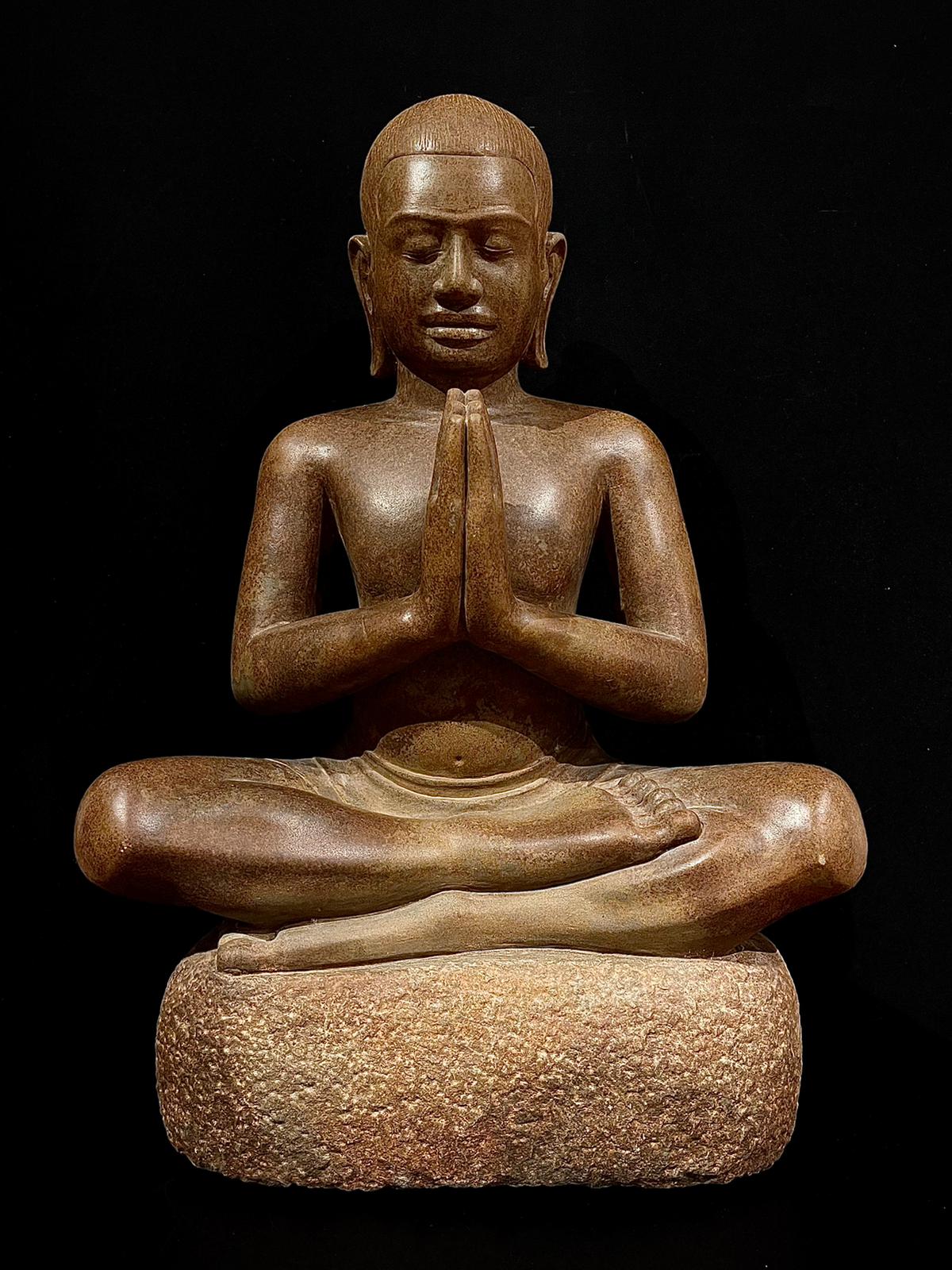 Hardstone seated King Jayavarman VII in praying pose- 7239